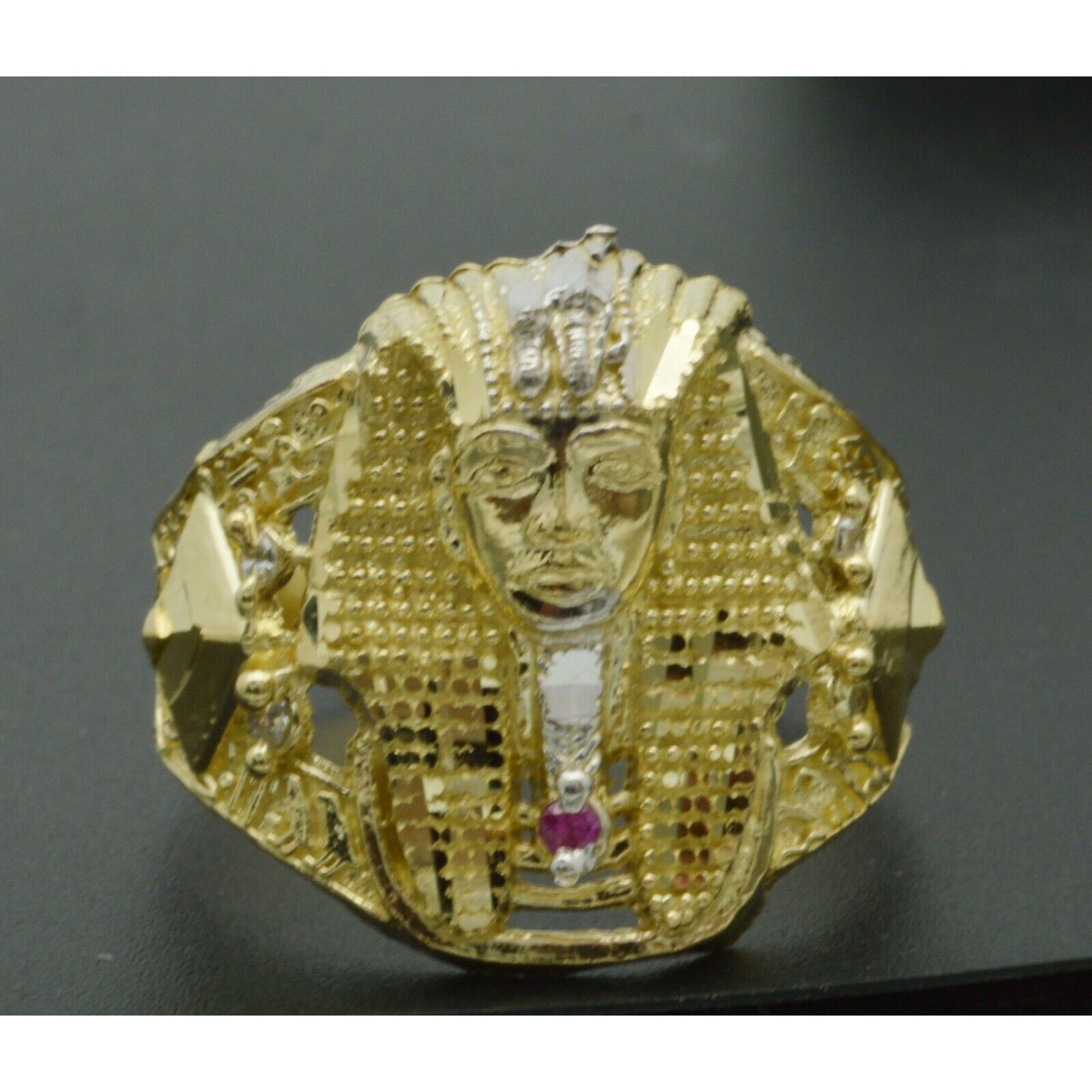 Real Solid 10k Yellow Gold Mens Egyptian King Cz Ring 4.7 Grams 20mm All Sizes